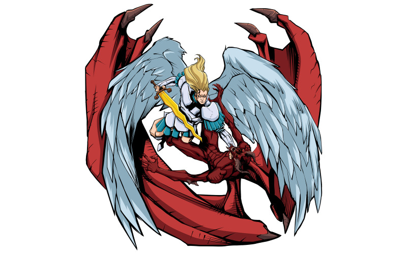 Download Иллюстрация "Angel versus Devil 2 - Illustration" / Angel versus Devil 2 - Illustration - Иллюстрация на тему графика michael,angel,archangel,saint,archangel michael,god,lord,heaven,satan,devil,evil,war,battle,fight,defeating,slaying,victory,warrior,soldier,knight