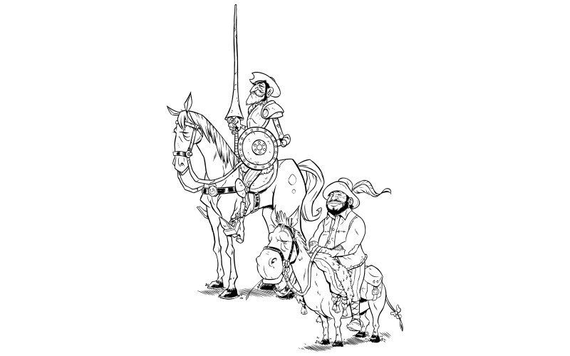 Don Quixote and Sancho Panza Line Art - Illustration