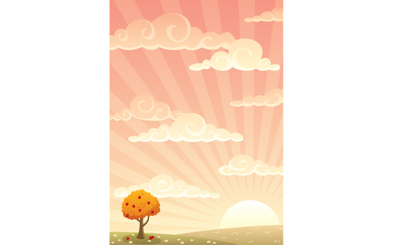 Download Иллюстрация "Meadow Background Autumn - Illustration" / Meadow Background Autumn - Illustration - Иллюстрация на тему графика meadow,glade,background,landscape,autumn,fall,cartoon,field,pasture,lawn,grass,tree,apple,sky,sun,sunset,sunrise,dusk,dawn,sunshine
