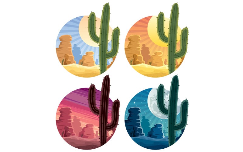 Download Иллюстрация "Mexican Desert - Illustration" / Mexican Desert - Illustration - Иллюстрация на тему графика desert,wilderness,mexican,mexico,landscape,background,circle,cactus,saguaro cactus,sand,dunes,rocks,mountains,sun,dusk,sunset,sunrise,dawn,moon,stars