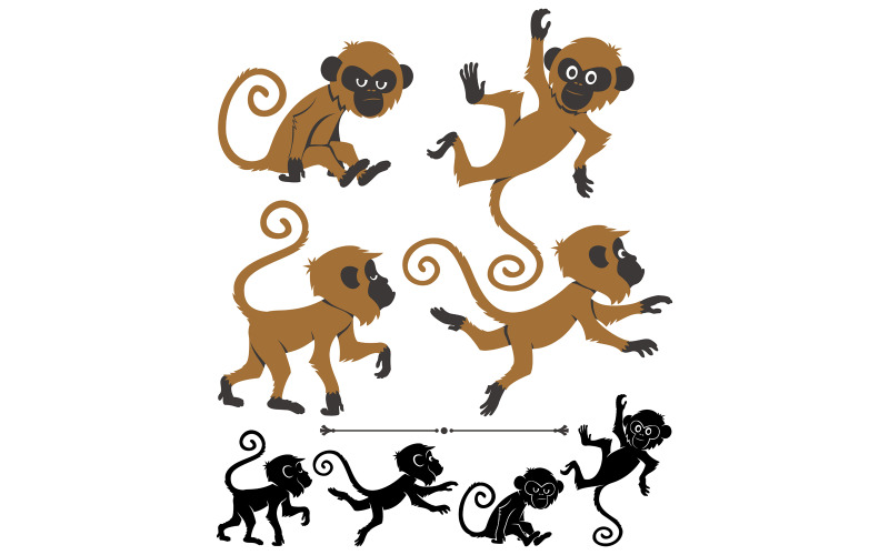 Download Иллюстрация "Monkeys - Illustration" / Monkeys - Illustration - Иллюстрация на тему графика monkey,little,primate,macaque,baboon,lemur,capuchin,isolated,white,background,set,pack,collection,pose,sitting,jumping,hanging,walking,waving,silhouette