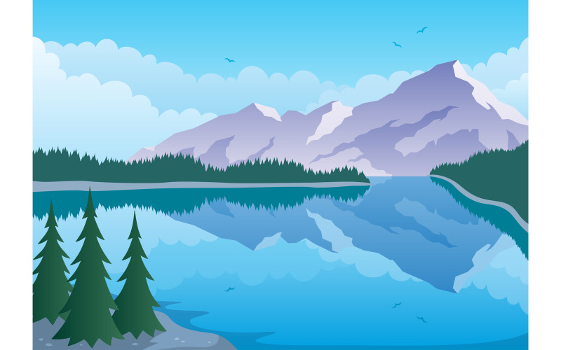 Download Иллюстрация "Mountain Lake - Illustration" / Mountain Lake - Illustration - Иллюстрация на тему графика lake,water,mountain,mount,mountain range,landscape,background,panorama,panoramic,vector,sky,cloud,cloudscape,reflection,forest,tree,fir tree,green,blue