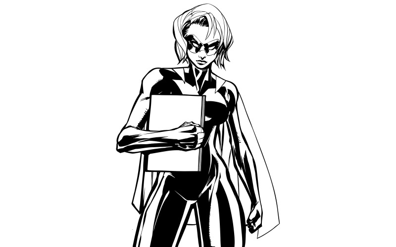Arte da linha do livro super-heroína segurando - ilustração