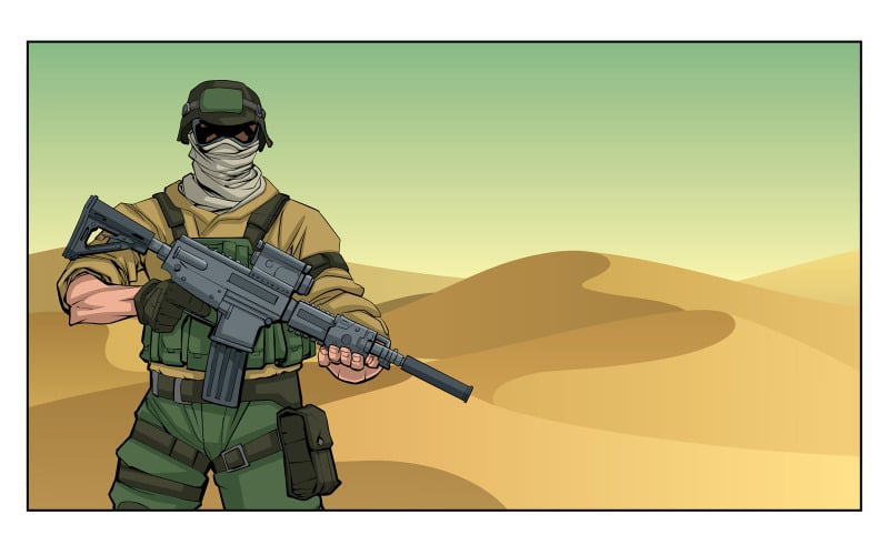 Download Иллюстрация "Soldier in Desert - Illustration" / Soldier in Desert - Illustration - Иллюстрация на тему графика soldier,marine,ranger,special forces,gi,troops,trooper,paratrooper,navy,navy seal,infantry,military,army,us,usa,american,desert,sand,dune,desert storm