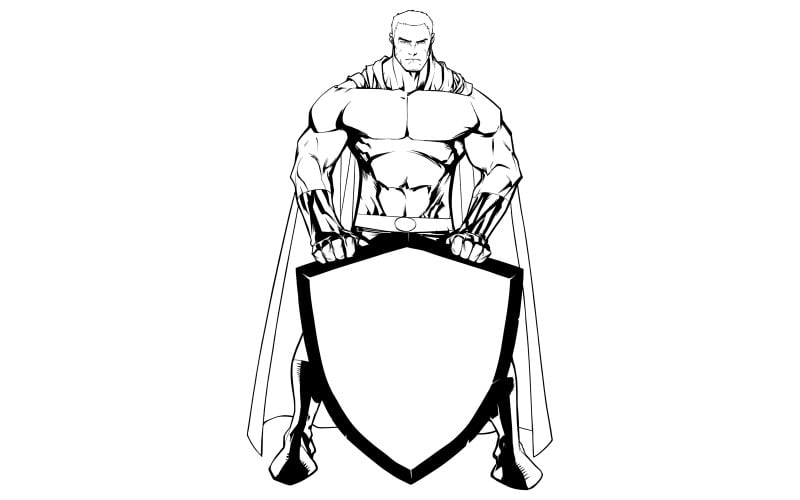 Download Иллюстрация "Superhero Holding Shield No Mask Line Art - Illustration" / Superhero Holding Shield No Mask Line Art - Illustration - Иллюстрация на тему графика superhero,super,hero,man,shield,security,concept,justice,savior,defender,protector,power,comic,book,coloring,line art,black and white,standing,strength,muscular