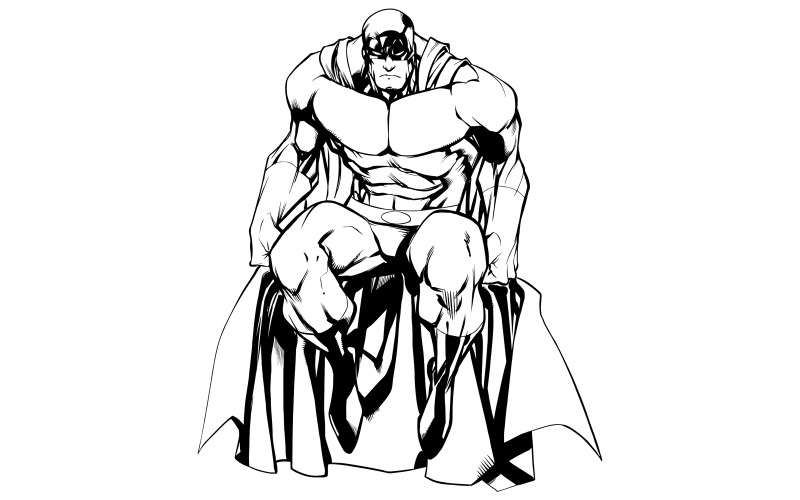 Download Иллюстрация "Superhero Sitting Isolated Line Art - Illustration" / Superhero Sitting Isolated Line Art - Illustration - Иллюстрация на тему графика man,cape,hero,superhero,super,powerful,muscles,power,energy,line art,sitting,tired,watching,vigilant,observing,prepared,ready,watch,roof,wall