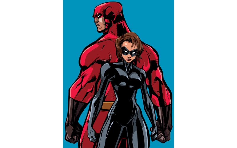 Couple de super-héros dos à dos pas de capes - Illustration