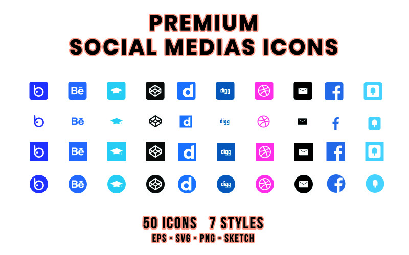 Download Набор иконок "Premium Social Medias Icon Set" / Premium Social Medias Icon Set - Набор иконок на тему social media icons,social media,premium,flat,eps,svg,png,sketch,web icons