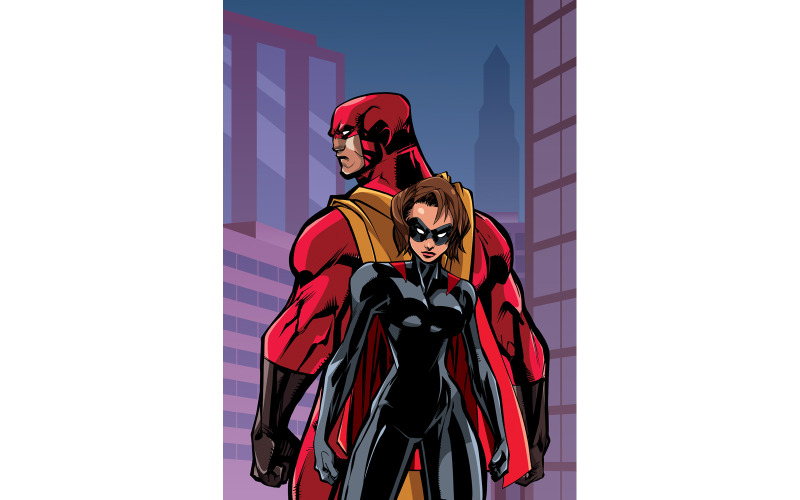 Download Иллюстрация "Superhero Couple in City - Illustration" / Superhero Couple in City - Illustration - Иллюстрация на тему графика man,woman,hero,superhero,super,couple,family,heroine,superheroine,cape,love,together,city,cityscape,background,night,confrontation,fight,battle,power
