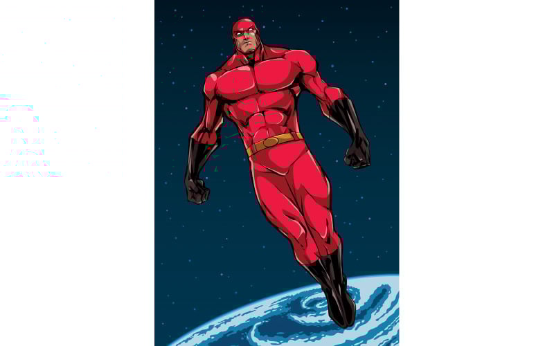 Download Иллюстрация "Superhero Flying in Space - Illustration" / Superhero Flying in Space - Illustration - Иллюстрация на тему графика man,cape,hero,superhero,super,flying,soaring,space,outer space,orbit,earth,landscape,powerful,muscles,costume,wearing,disguise,mask,power,energy