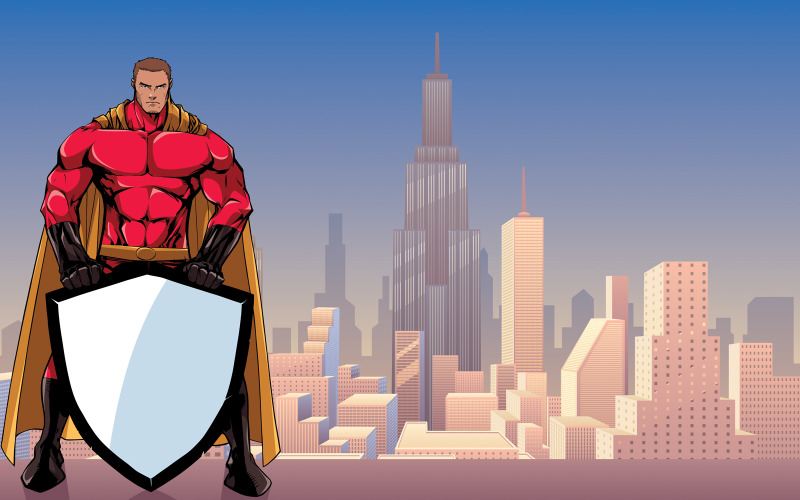 Download Иллюстрация "Superhero Holding Shield in City - Illustration" / Superhero Holding Shield in City - Illustration - Иллюстрация на тему графика superhero,super,hero,man,shield,security,background,city,cityscape,urban scene,landscape,copyspace,copy space,concept,justice,savior,defender,protector,power