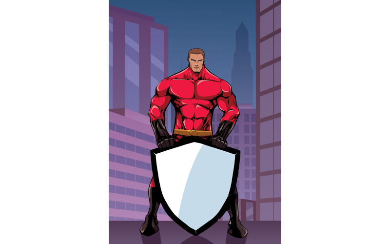 Download Иллюстрация "Superhero Holding Shield in City Vertical - Illustration" / Superhero Holding Shield in City Vertical - Illustration - Иллюстрация на тему графика superhero,super,hero,man,shield,security,background,city,cityscape,urban scene,landscape,copyspace,copy space,concept,justice,savior,defender,protector,power