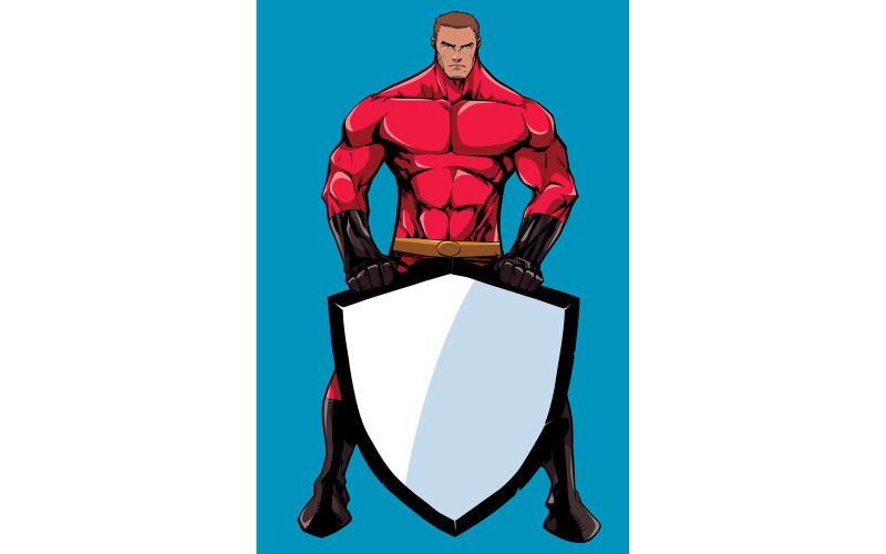Download Иллюстрация "Superhero Holding Shield No Mask No Cape - Illustration" / Superhero Holding Shield No Mask No Cape - Illustration - Иллюстрация на тему графика superhero,super,hero,man,shield,security,concept,justice,savior,defender,protector,power,comic,book,standing,strength,muscular,body,male,macho