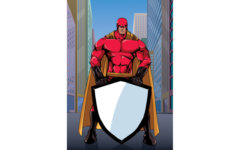 Download Иллюстрация "Superhero Holding Shield on Street - Illustration" / Superhero Holding Shield on Street - Illustration - Иллюстрация на тему графика superhero,super,hero,man,shield,security,background,city,cityscape,urban scene,landscape,copyspace,copy space,cape,concept,justice,savior,defender,protector