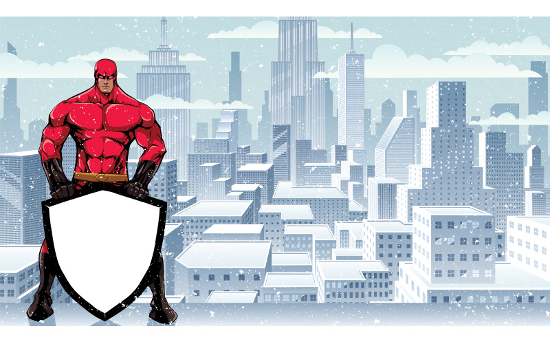 Download Иллюстрация "Superhero Holding Shield on Winter City - Illustration" / Superhero Holding Shield on Winter City - Illustration - Иллюстрация на тему графика superhero,super,hero,man,shield,security,background,city,cityscape,urban,scene,winter,snow,day,landscape,copyspace,copy space,concept,justice,savior