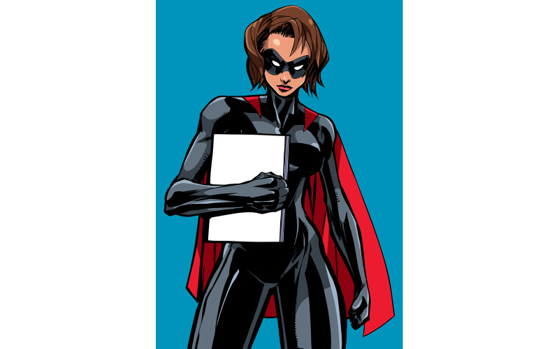 Download Иллюстрация "Superheroine Holding Book - Illustration" / Superheroine Holding Book - Illustration - Иллюстрация на тему графика woman,hero,superhero,super,heroine,superheroine,female,girl,powerful,power,energy,line art,illustration,vector,cartoon,character,on white,comic,comic strip,book