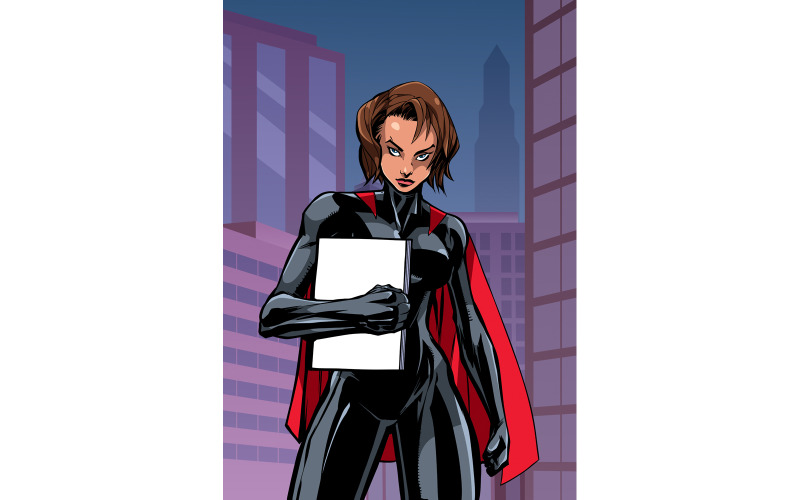 Download Иллюстрация "Superheroine Holding Book in City - Illustration" / Superheroine Holding Book in City - Illustration - Иллюстрация на тему графика woman,hero,superhero,super,heroine,superheroine,female,girl,character,comic,comic strip,book,holding,carrying,bringing,propaganda,poster,copy space,city,cityscape