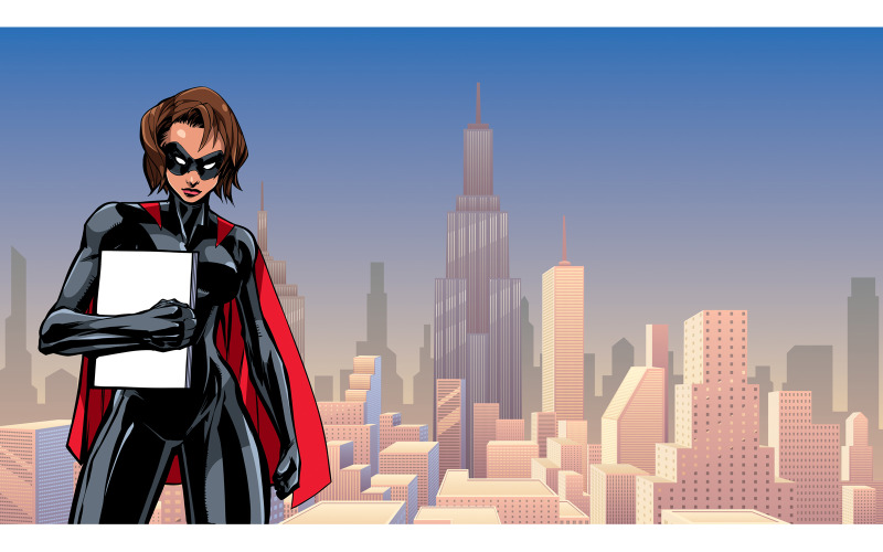 Download Иллюстрация "Superheroine Holding Book in City Vertical - Illustration" / Superheroine Holding Book in City Vertical - Illustration - Иллюстрация на тему графика woman,hero,superhero,super,heroine,superheroine,female,girl,character,comic,comic strip,book,holding,carrying,bringing,propaganda,poster,copy space,city,cityscape