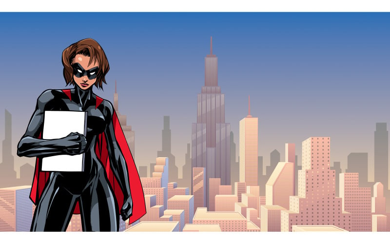 在城市垂直的超级英雄控股书-光栅插图