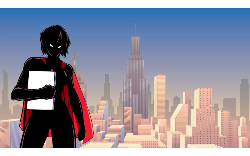 Livro super-heroína segurando na silhueta da cidade - ilustração