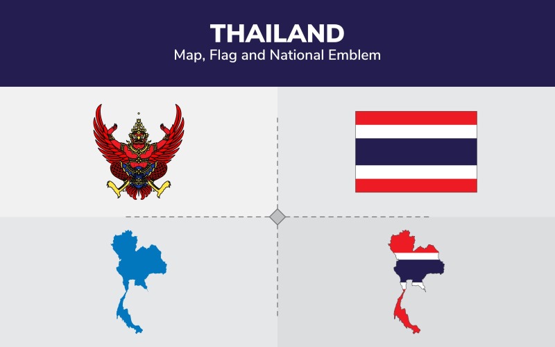Mapa, bandeira e emblema nacional da Tailândia - ilustração