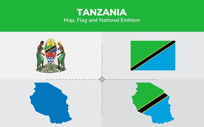 Mapa, bandera y emblema nacional de Tanzania - Ilustración