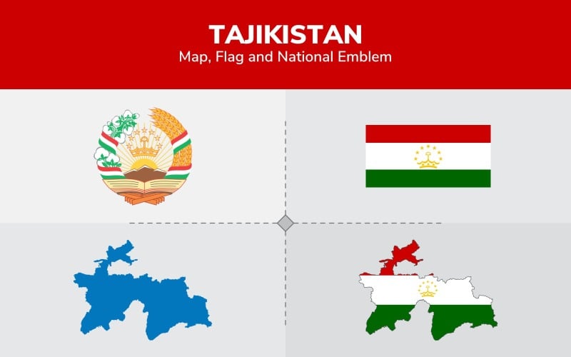Mapa de Tayikistán, bandera y emblema nacional - Ilustración