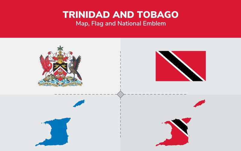 Mapa de Trinidad y Tobago, bandera y emblema nacional - Ilustración