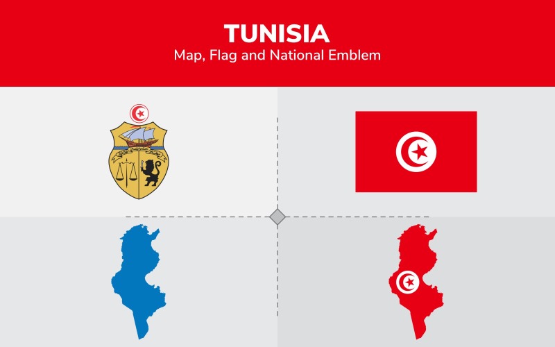 Mapa de Túnez, bandera y emblema nacional - Ilustración