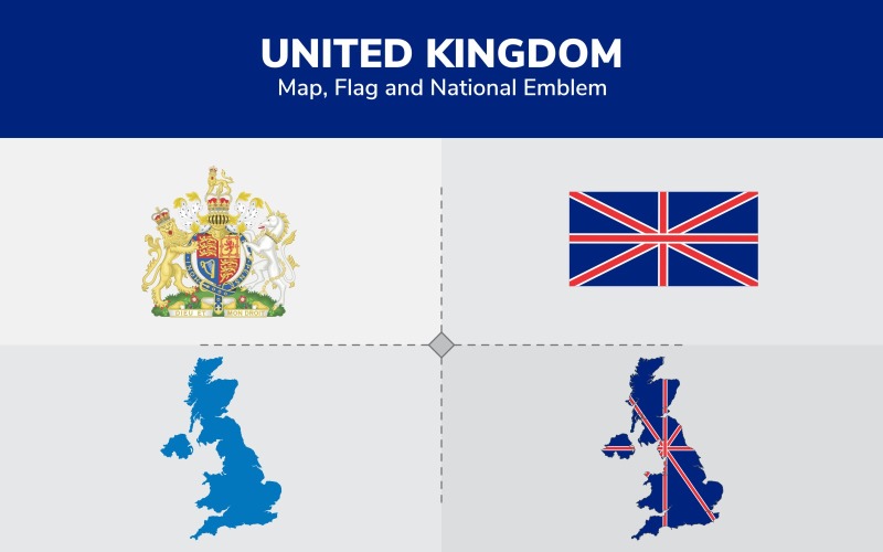Mapa del Reino Unido, bandera y emblema nacional - Ilustración