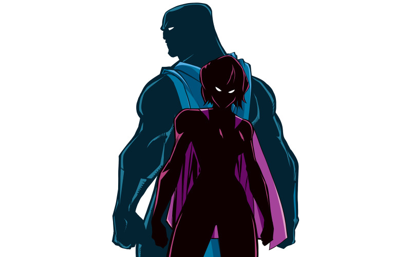 Pareja de superhéroes espalda con silueta de espalda - Ilustración