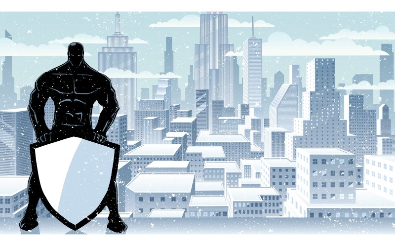 Super-héros tenant la silhouette de la ville d'hiver bouclier - Illustration
