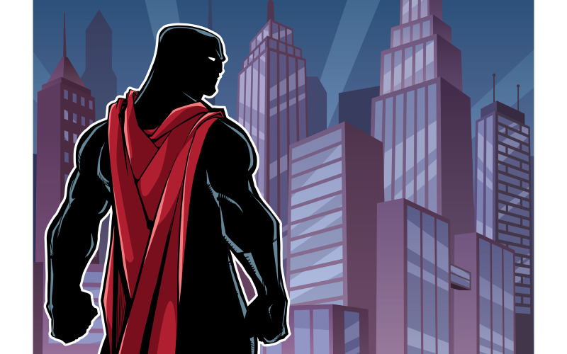 Download Иллюстрация "Superhero Back in City Silhouette - Illustration" / Superhero Back in City Silhouette - Illustration - Иллюстрация на тему графика man,hero,cape,superhero,super,silhouette,character,ready,courage,action,power,powerful,strong,strength,back,city,cityscape,landscape,art deco,night