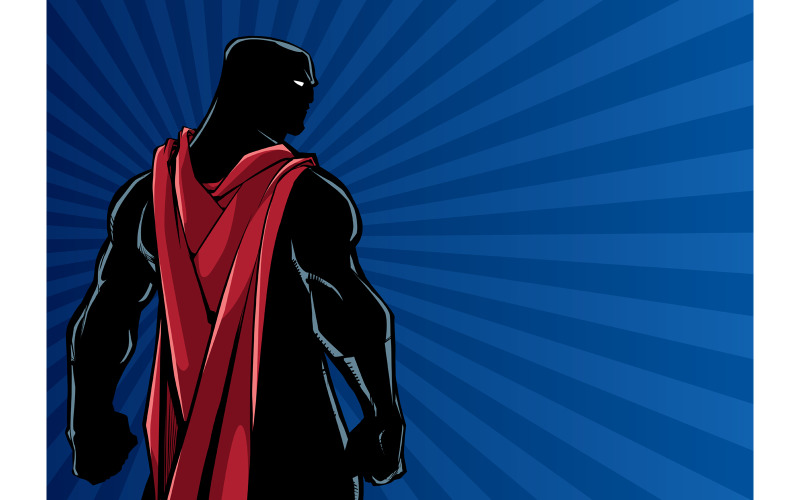 Download Иллюстрация "Superhero Back Ray Light Silhouette - Illustration" / Superhero Back Ray Light Silhouette - Illustration - Иллюстрация на тему графика man,hero,cape,superhero,super,character,silhouette,abstract,background,copy space,copyspace,light,ray,beam,sun,sunlight,sunbeam,ready,courage,action