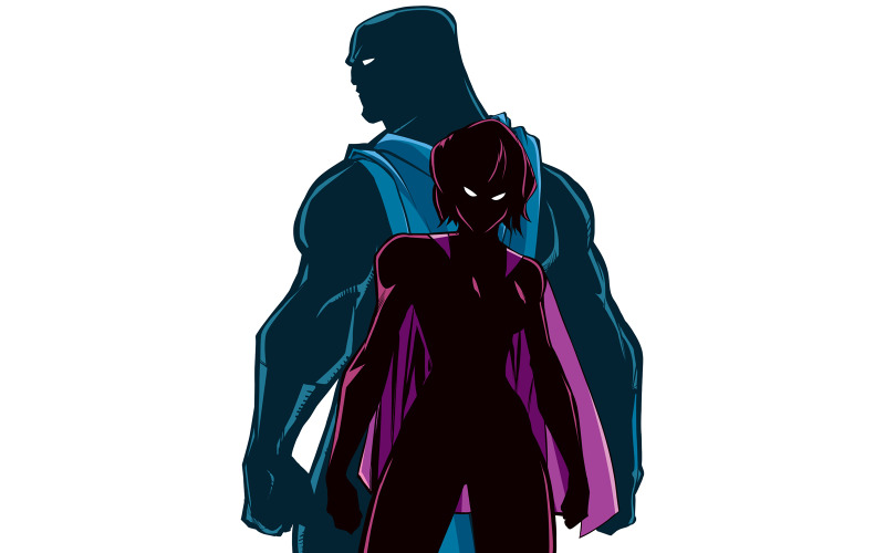 Download Иллюстрация "Superhero Couple Back to Back Silhouette - Illustration" / Superhero Couple Back to Back Silhouette - Illustration - Иллюстрация на тему графика man,woman,hero,superhero,super,couple,silhouette,family,heroine,superheroine,cape,love,together,confrontation,fight,battle,power,powerful,strong,muscular