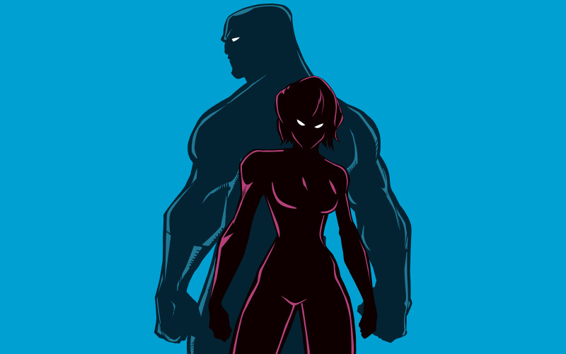 Download Иллюстрация "Superhero Couple Back to Back Silhouettes - Illustration" / Superhero Couple Back to Back Silhouettes - Illustration - Иллюстрация на тему графика man,woman,hero,superhero,super,couple,family,heroine,superheroine,silhouette,love,together,confrontation,fight,battle,power,powerful,strong,muscular,fitness