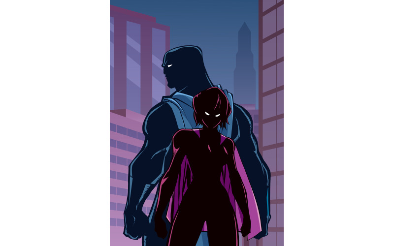 Download Иллюстрация "Superhero Couple in City Silhouette - Illustration" / Superhero Couple in City Silhouette - Illustration - Иллюстрация на тему графика man,woman,hero,superhero,super,couple,family,heroine,superheroine,silhouette,cape,love,together,city,cityscape,background,night,confrontation,battle,power
