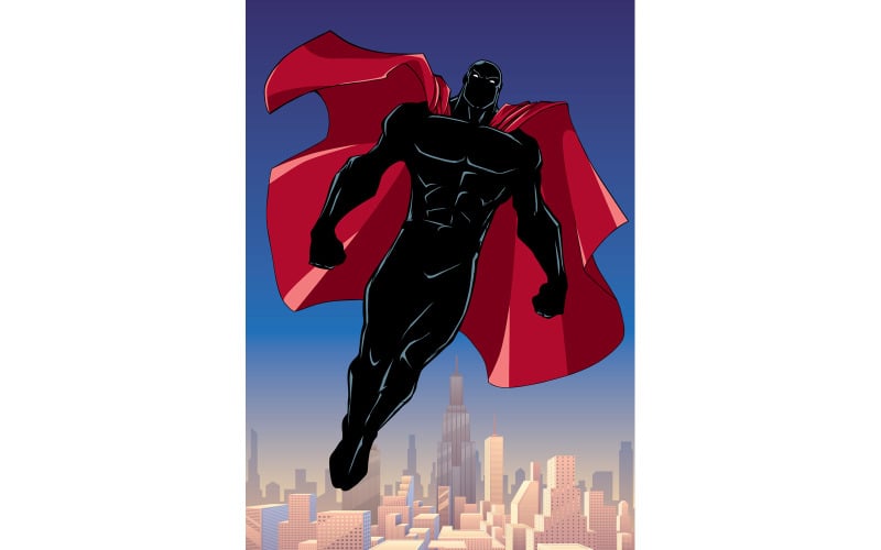Download Иллюстрация "Superhero Flying City Vertical Silhouette - Illustration" / Superhero Flying City Vertical Silhouette - Illustration - Иллюстрация на тему графика man,cape,hero,superhero,super,flying,soaring,city,cityscape,silhouette,landscape,powerful,muscles,costume,wearing,disguise,power,energy,character,full length
