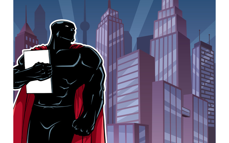 Download Иллюстрация "Superhero Holding Book in City Silhouette - Illustration" / Superhero Holding Book in City Silhouette - Illustration - Иллюстрация на тему графика man,hero,superhero,super,silhouette,powerful,power,comic,comic strip,book,magazine,holding,carrying,bringing,propaganda,poster,city,cityscape,background,landscape