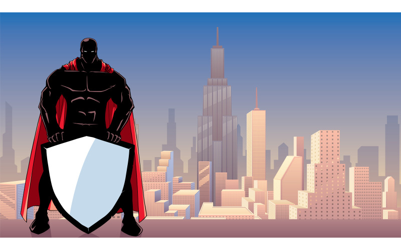 Download Иллюстрация "Superhero Holding Shield in City Silhouette - Illustration" / Superhero Holding Shield in City Silhouette - Illustration - Иллюстрация на тему графика superhero,super,hero,man,silhouette,shield,security,background,city,cityscape,urban scene,landscape,copyspace,copy space,concept,justice,savior,defender
