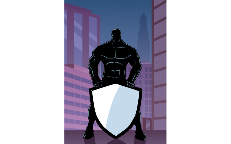 Download Иллюстрация "Superhero Holding Shield in City Vertical - Illustration" / Superhero Holding Shield in City Vertical - Illustration - Иллюстрация на тему графика superhero,super,hero,man,shield,security,background,city,cityscape,urban scene,landscape,copyspace,copy space,concept,justice,savior,defender,protector,power