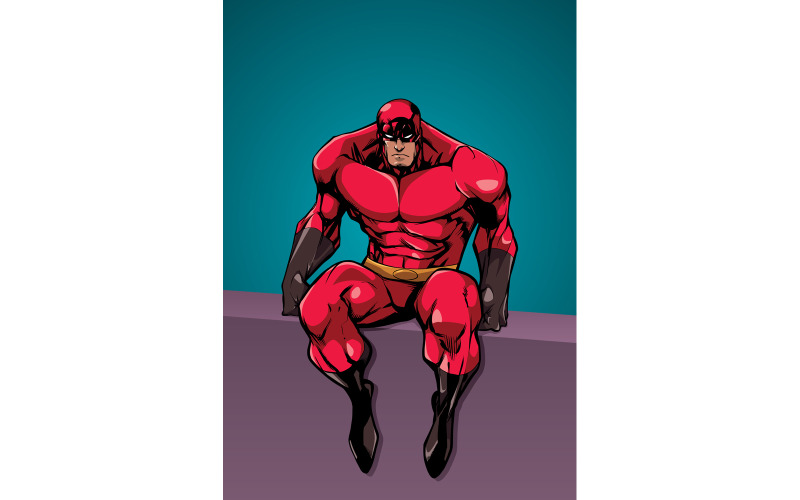 Download Иллюстрация "Superhero Sitting on Wall - Illustration" / Superhero Sitting on Wall - Illustration - Иллюстрация на тему графика man,hero,superhero,super,powerful,muscles,power,sitting,tired,watching,vigilant,observing,prepared,ready,watch,roof,wall,background,building,character