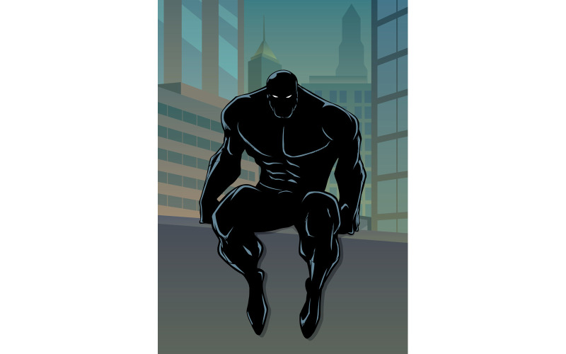 Download Иллюстрация "Superhero Sitting on Wall No Cape Silhouette - Illustration" / Superhero Sitting on Wall No Cape Silhouette - Illustration - Иллюстрация на тему графика man,hero,superhero,super,silhouette,powerful,muscles,power,sitting,tired,watching,vigilant,observing,prepared,ready,watch,roof,wall,city,cityscape