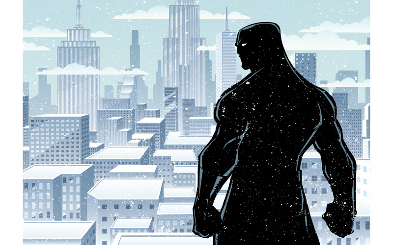Szuperhős hátsó város téli sziluett - illusztráció