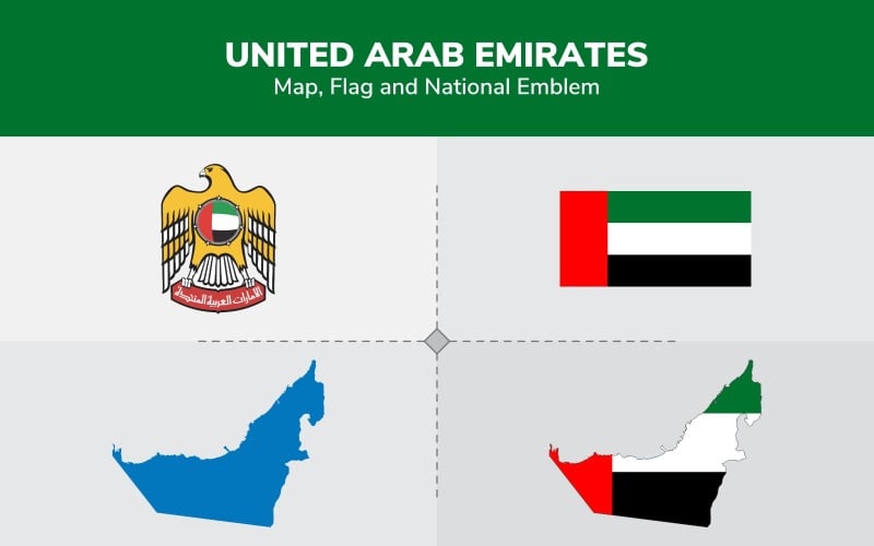 Download Иллюстрация "United Arab Emirates Map, Flag and National Emblem - Illustration" / United Arab Emirates Map, Flag and National Emblem - Illustration - Иллюстрация на тему графика continents,countries,map,political map,traveling,vector,emblem,national,flag,coat,arms,country,symbol,nations,state,sign,nation,badge,symbolic object,europe
