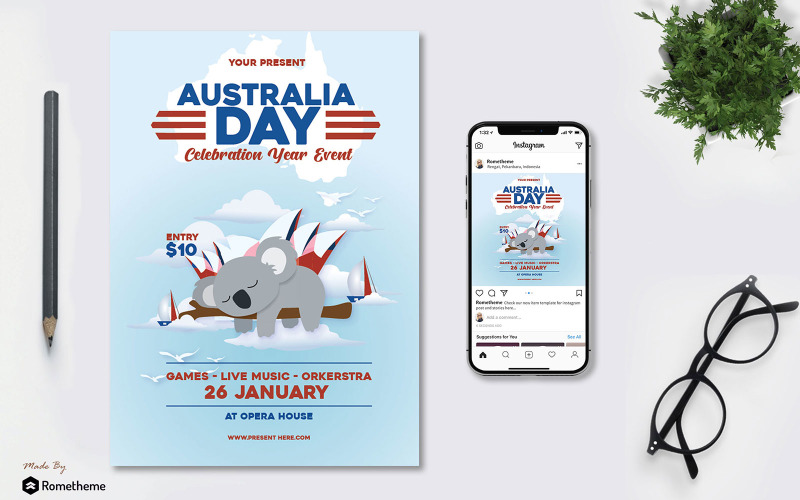 Download Фирменный стиль "Australia Day - Flyer AS - Corporate Identity Template" / Australia Day - Flyer AS - Corporate Identity Template - Фирменный стиль на тему графика australia,day,event,festival,invitation,promotion,party,music,flyer,brochure,banner,instagram,post,illustration,koala