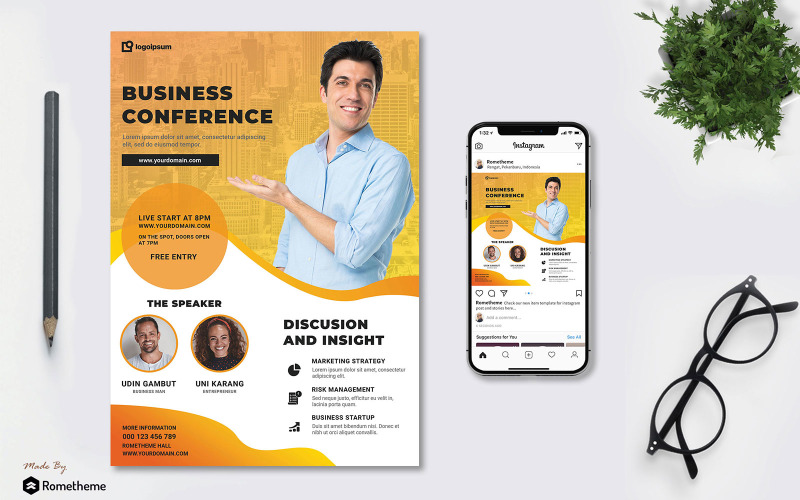 Download Фирменный стиль "Conference vol.01 - Flyer TY - Corporate Identity Template" / Conference vol.01 - Flyer TY - Corporate Identity Template - Фирменный стиль на тему графика conference,flyer,promotion,business,creative,instagram,post,feed,professional,speaker,motivator,invitation,event,festival,banner