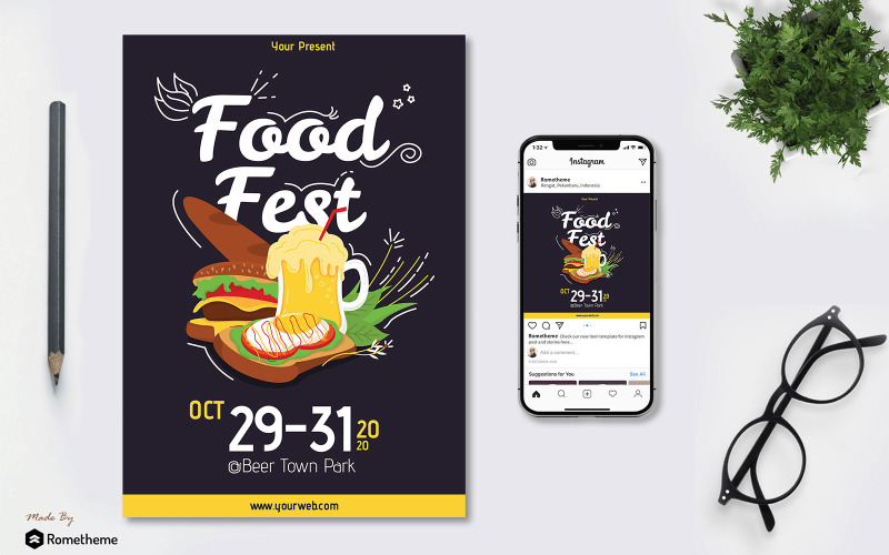 Download Фирменный стиль "Food Festival Flyer &amp; Instagram Post - Corporate Identity Template" / Food Festival Flyer &amp; Instagram Post - Corporate Identity Template - Фирменный стиль на тему графика banner,beer,blue,bread,brochure,burger,business,chicken,company,corporate,creative,culinary,dark,design,dicount,disc,discount,feed,festival,flyer