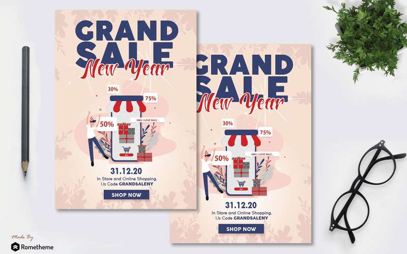 Download Фирменный стиль "Grand Sale New Years - Flyer AS - Corporate Identity Template" / Grand Sale New Years - Flyer AS - Corporate Identity Template - Фирменный стиль на тему графика grand,sale,new,years,flyer,business,promotion,invitation,sales,discount,apparel,product,brochure,banner