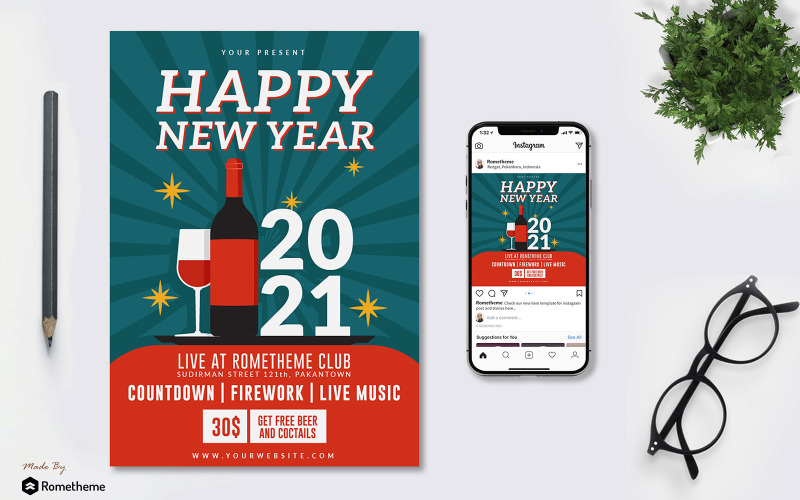 Download Фирменный стиль "Happy New Year Party Vol.01 - Flyer KF - Corporate Identity Template" / Happy New Year Party Vol.01 - Flyer KF - Corporate Identity Template - Фирменный стиль на тему графика newyear,2021,party,event,festival,drink,flyer,brochure,banner,instagram,post,illustration,promotion,invitation